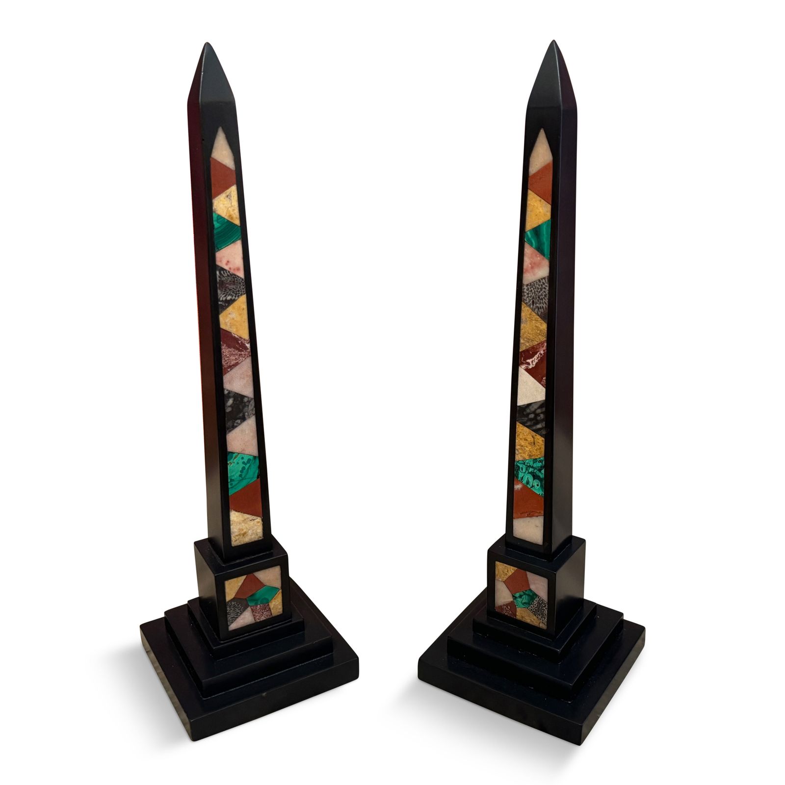 Pair Of 19th Century Ashford Black Marble And Pietra Dura Obelisks