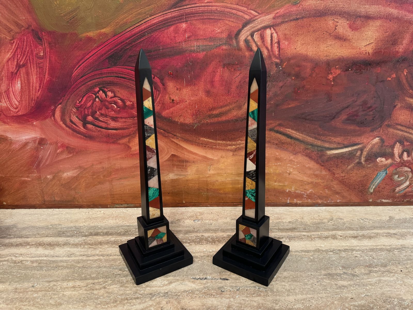 photo for sale Pair Of 19th Century Ashford Black Marble And Pietra Dura Obelisks