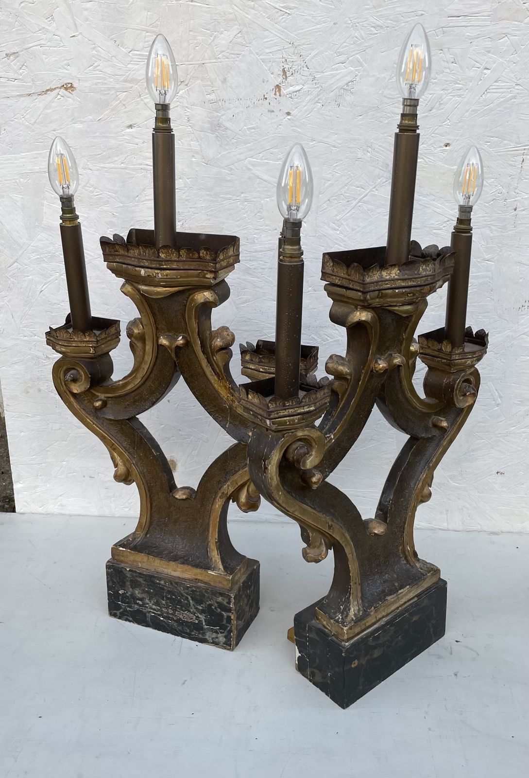 photo furniture Pair Of Carved, Painted, And Giltwood Three Light Table Lamps Incorporating 19th Century And Later Elements