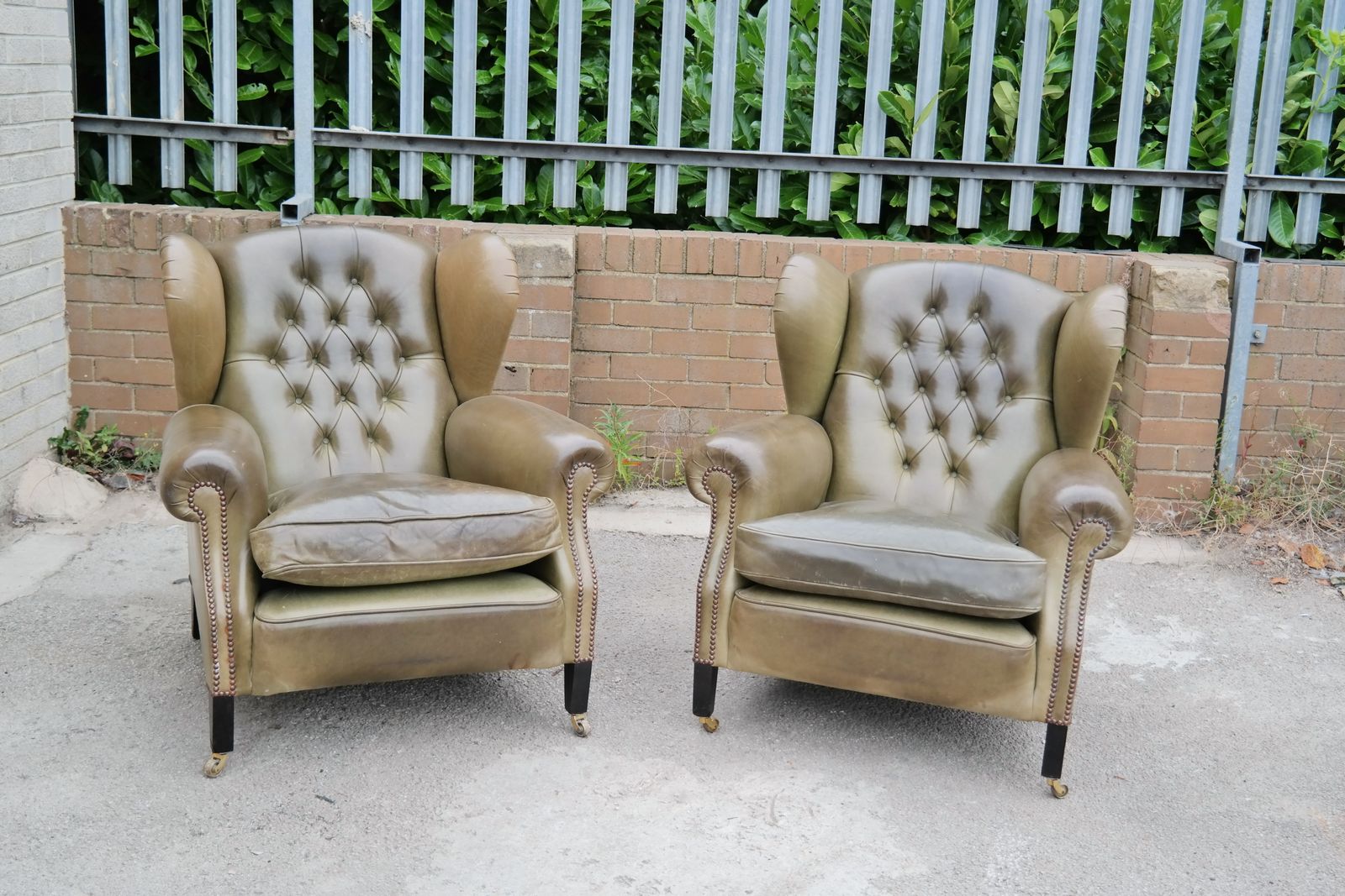 Pair George Smith Cowshead Cigar Club Leather Armchairs Olive Rrp £14000 photo for sale