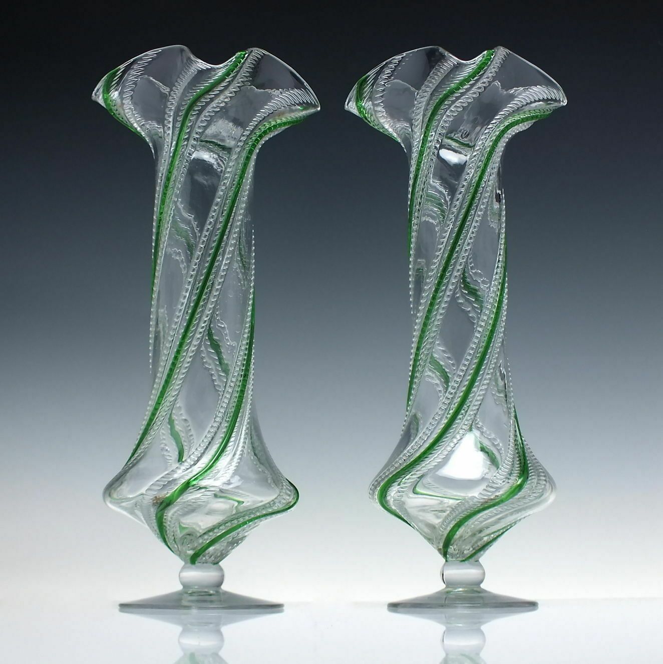 Pair Tall Stevens & Williams Art Nouveau Green Trailed Glass Vases C1895