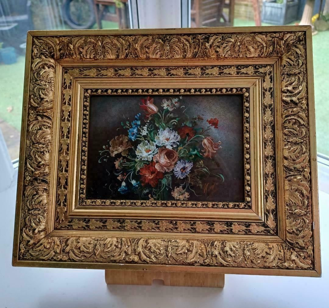 Original Oil On Copper Floral Painting Rare photo furniture