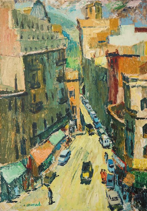 2 Levendige Modernistisch Expressionistische Straatscènes Met Mid Century Auto's photo 1531.25