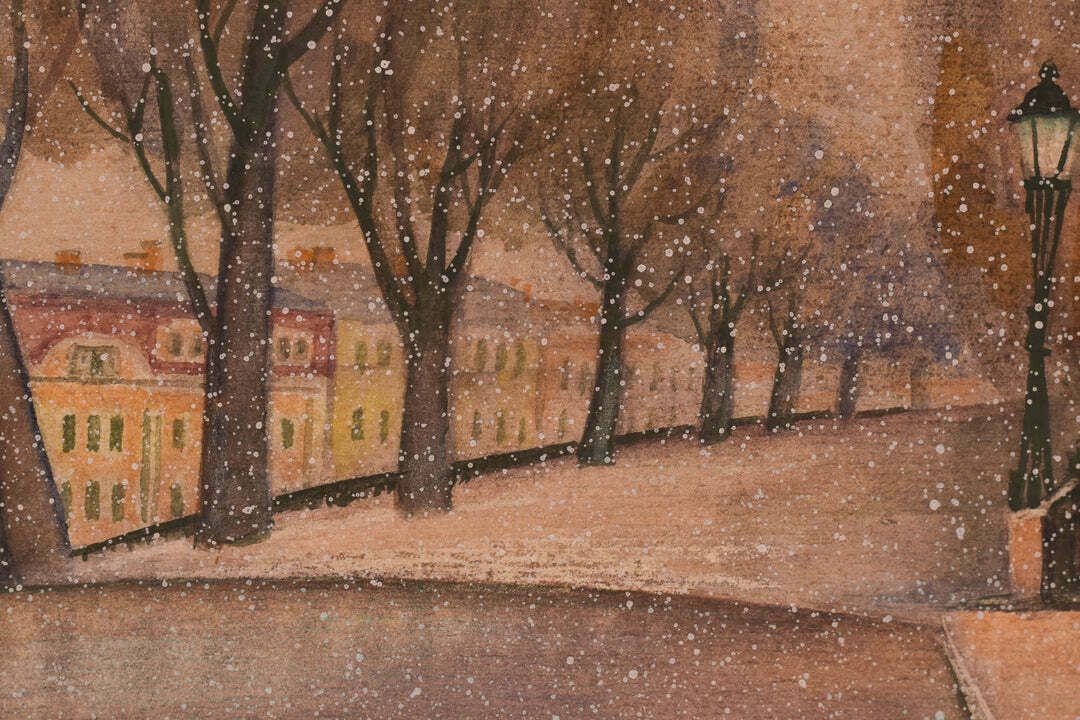Watercolour City With Snow, Late 20th Century photo for sale