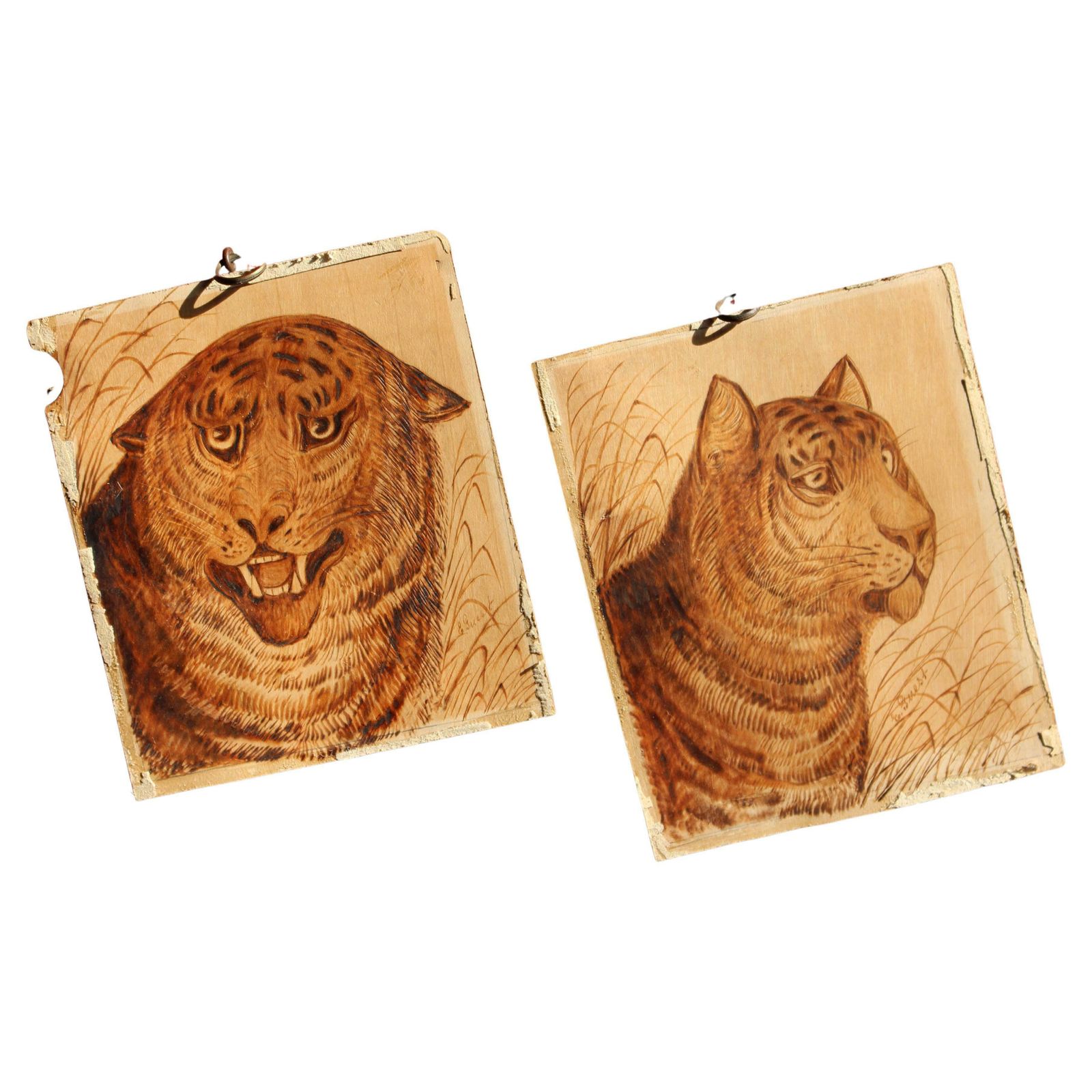 Early 20th C Naive Pokerwork Panels Of Tigers By Edward Guest Folk Art