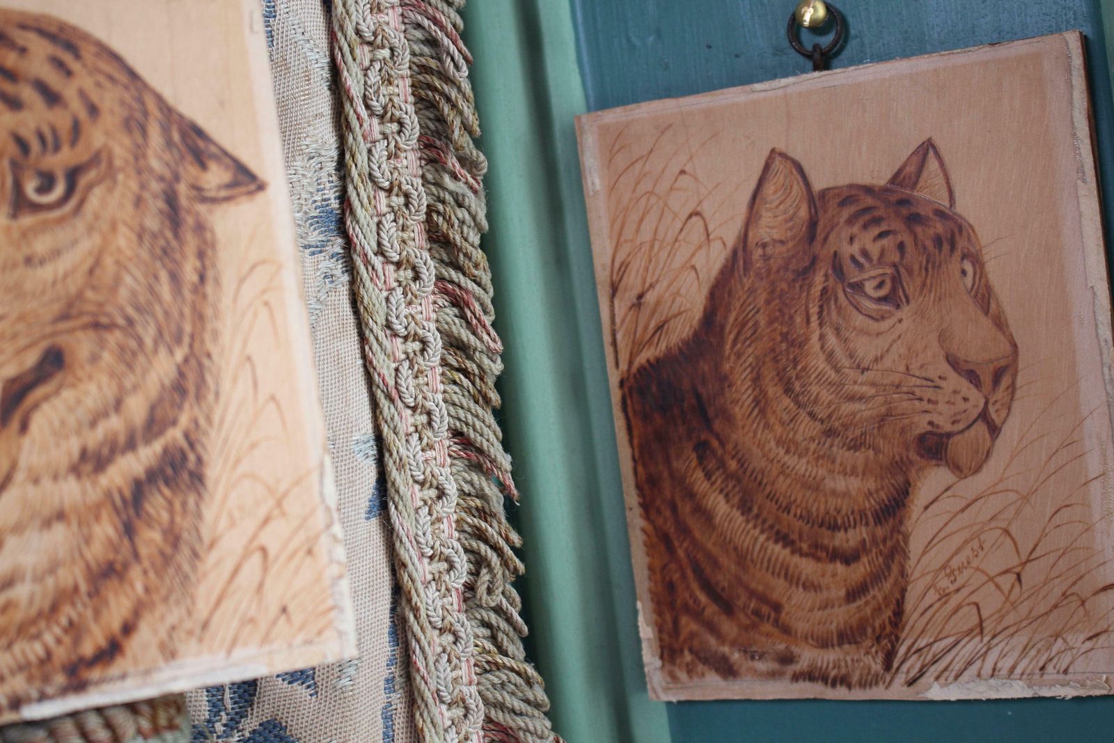 Early 20th C Naive Pokerwork Panels Of Tigers By Edward Guest Folk Art photo for sale