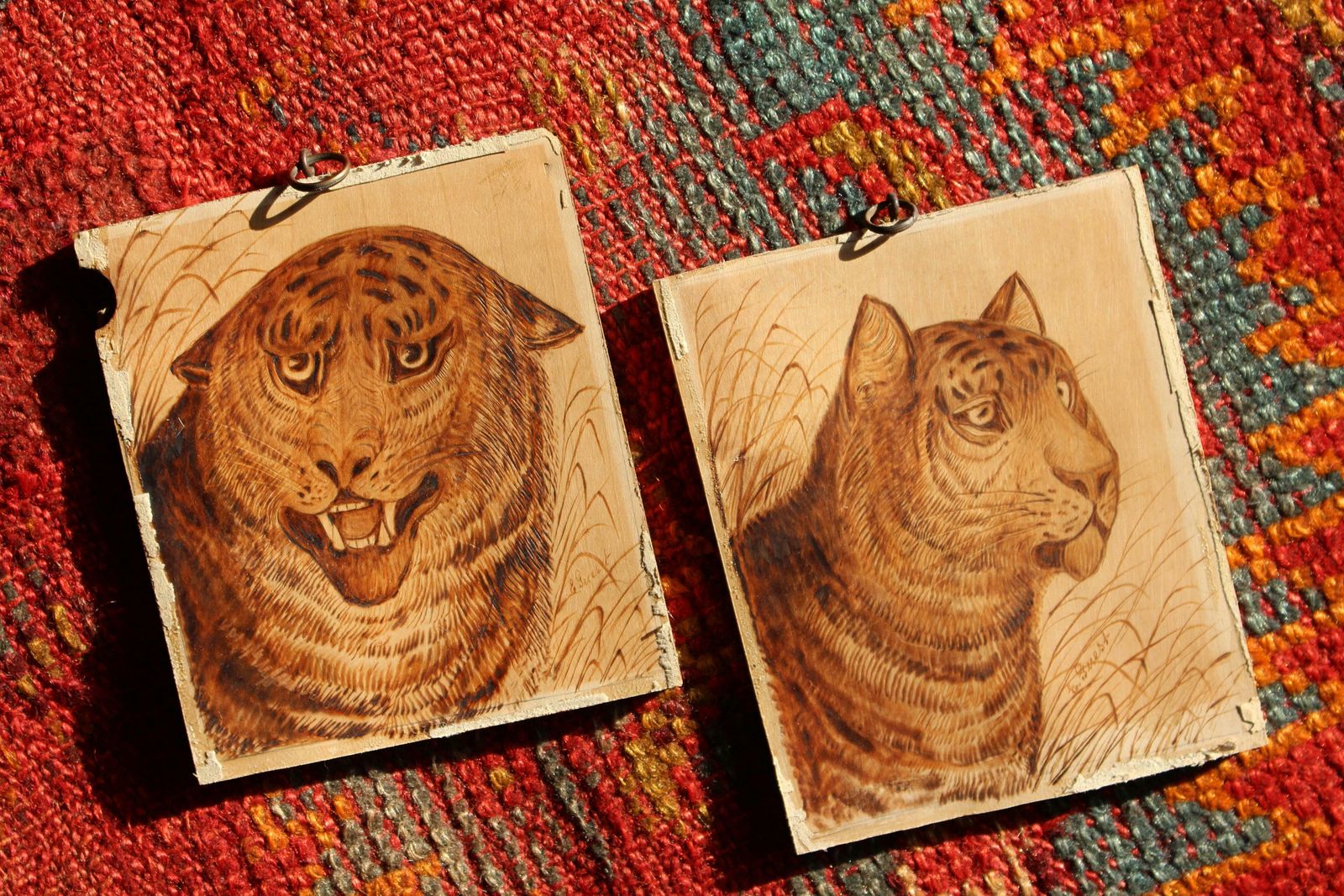 Early 20th C Naive Pokerwork Panels Of Tigers By Edward Guest Folk Art photo Art