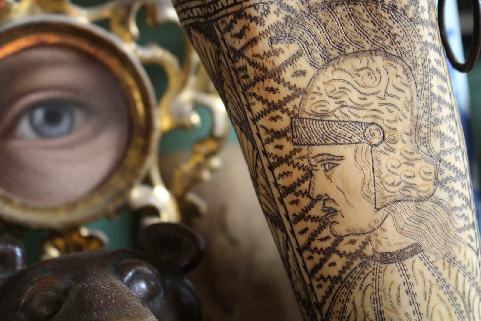18th Century Ox Bone Carved Riding Hunting Cups Classical Figures Green Man photo for sale