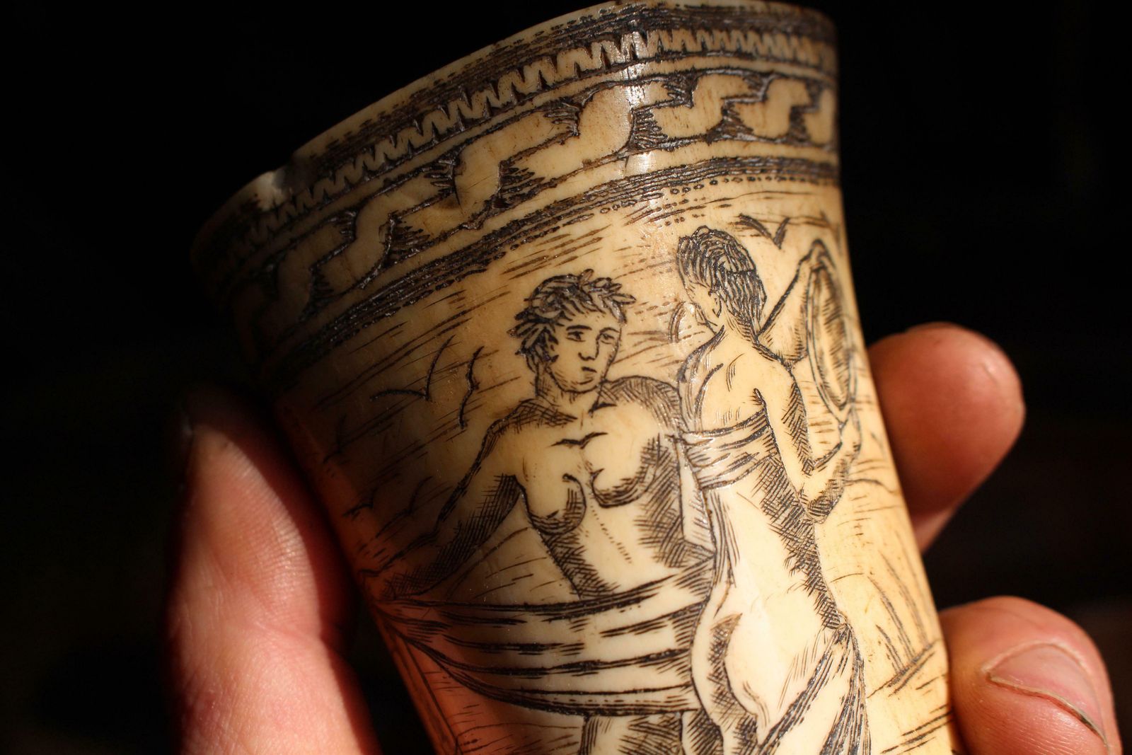 18th Century Ox Bone Carved Riding Hunting Cups Classical Figures Green Man photo 1176.0