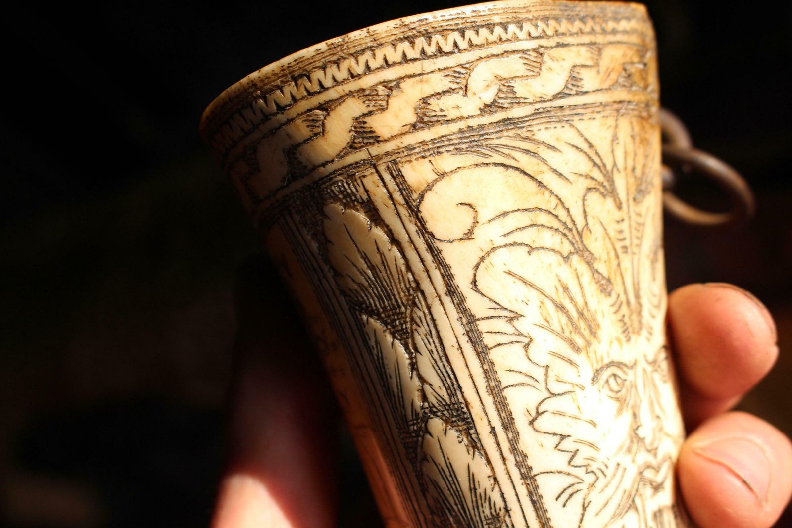 18th Century Ox Bone Carved Riding Hunting Cups Classical Figures Green Man photo vintage