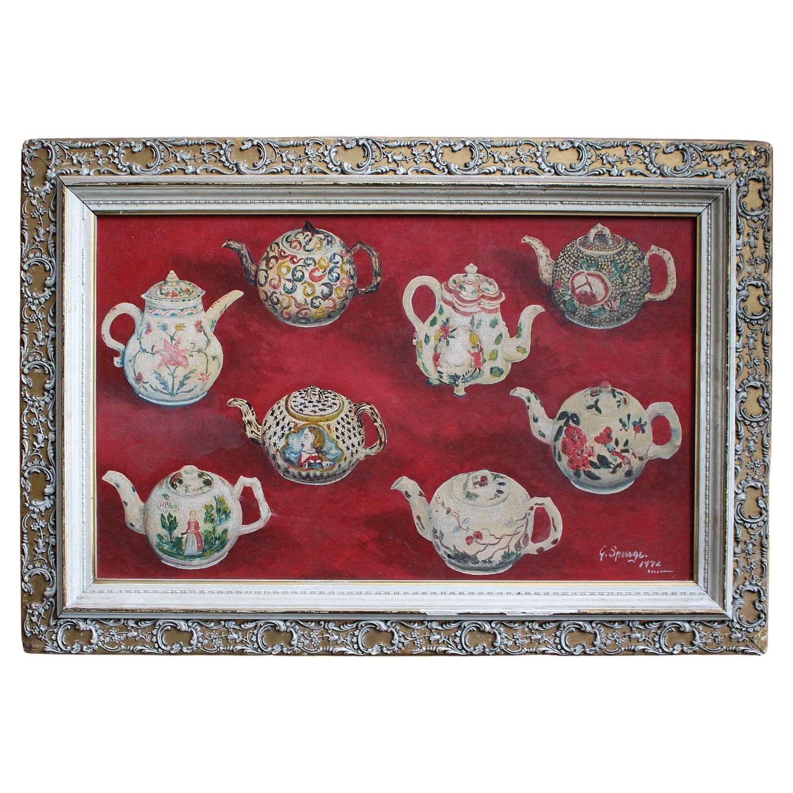 Mid 20th Century  English 1972 Oil On Board 18th Century Teapots Folk Art