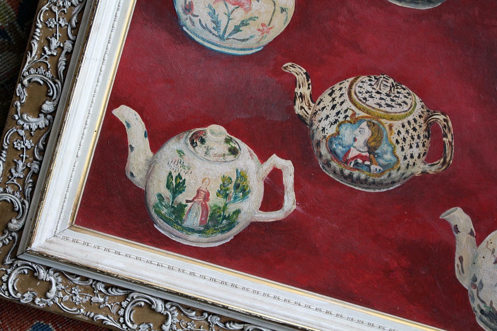 Mid 20th Century  English 1972 Oil On Board 18th Century Teapots Folk Art photo furniture