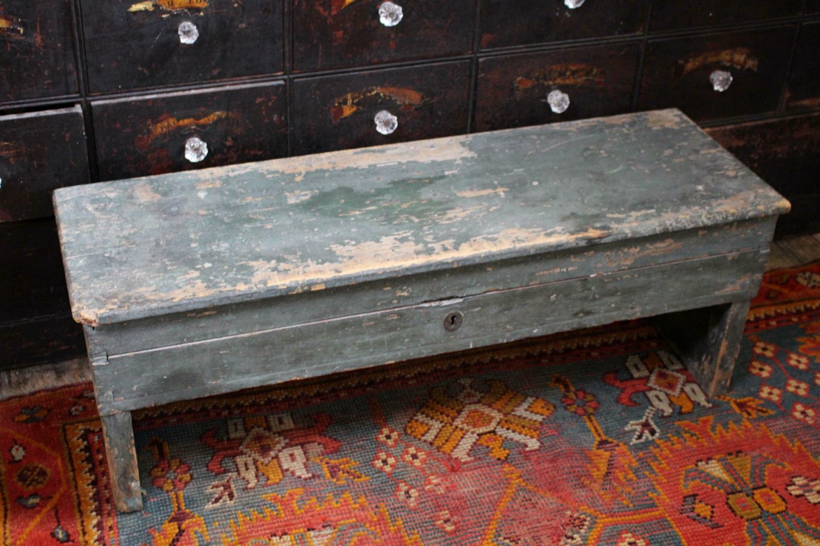 19th Century English Country House Bowls Bench Hallway Original Paint photo vintage