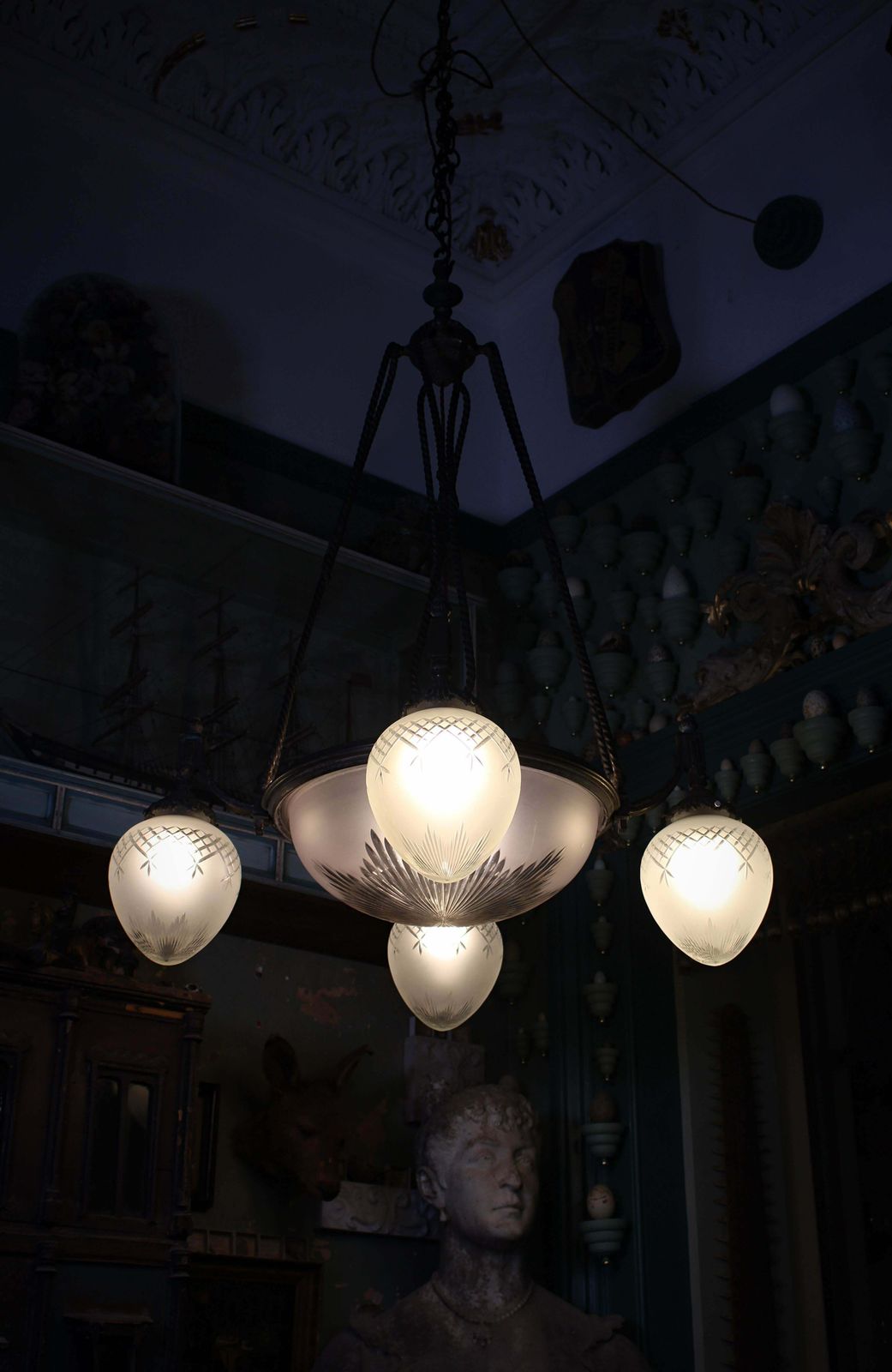 photo for sale Large 19th C Regency Revival Bronze & Glass English Chandelier Pendant Light