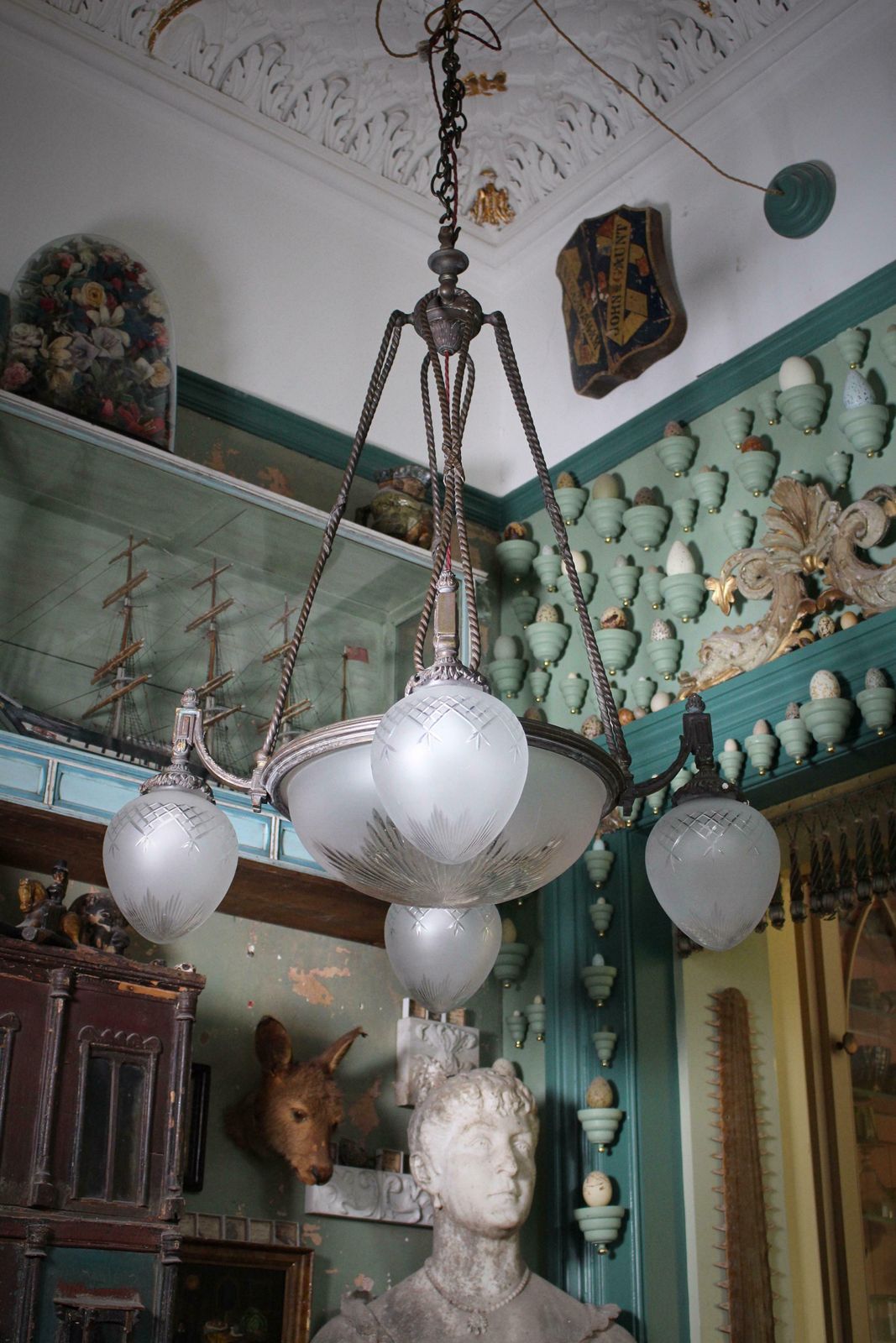 Lighting Large 19th C Regency Revival Bronze & Glass English Chandelier Pendant Light photo
