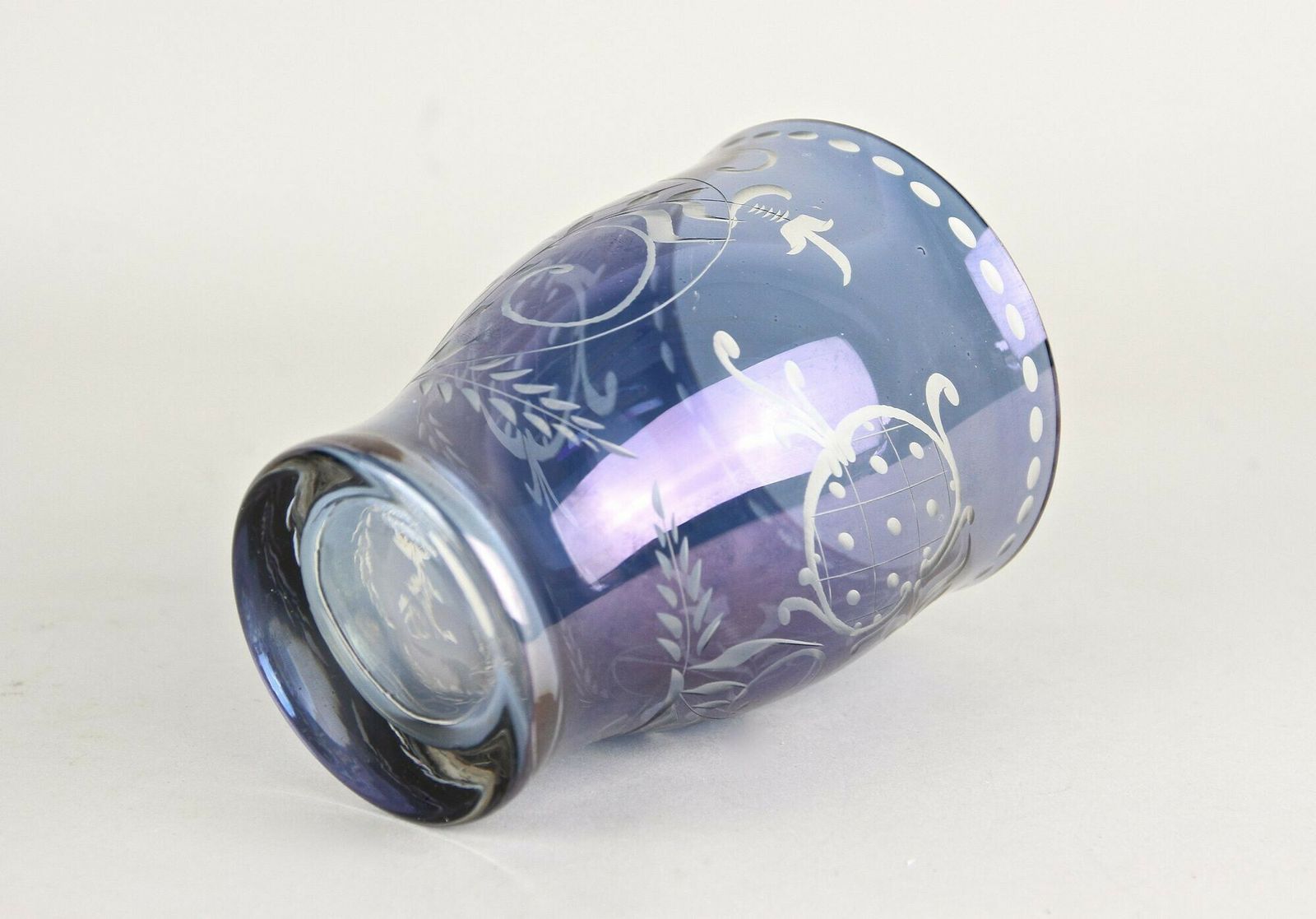 photo for sale 20th Century Purple/ Blue Iridescent Glass Vase/ Tumbler, Engraved, Cz Ca. 1920