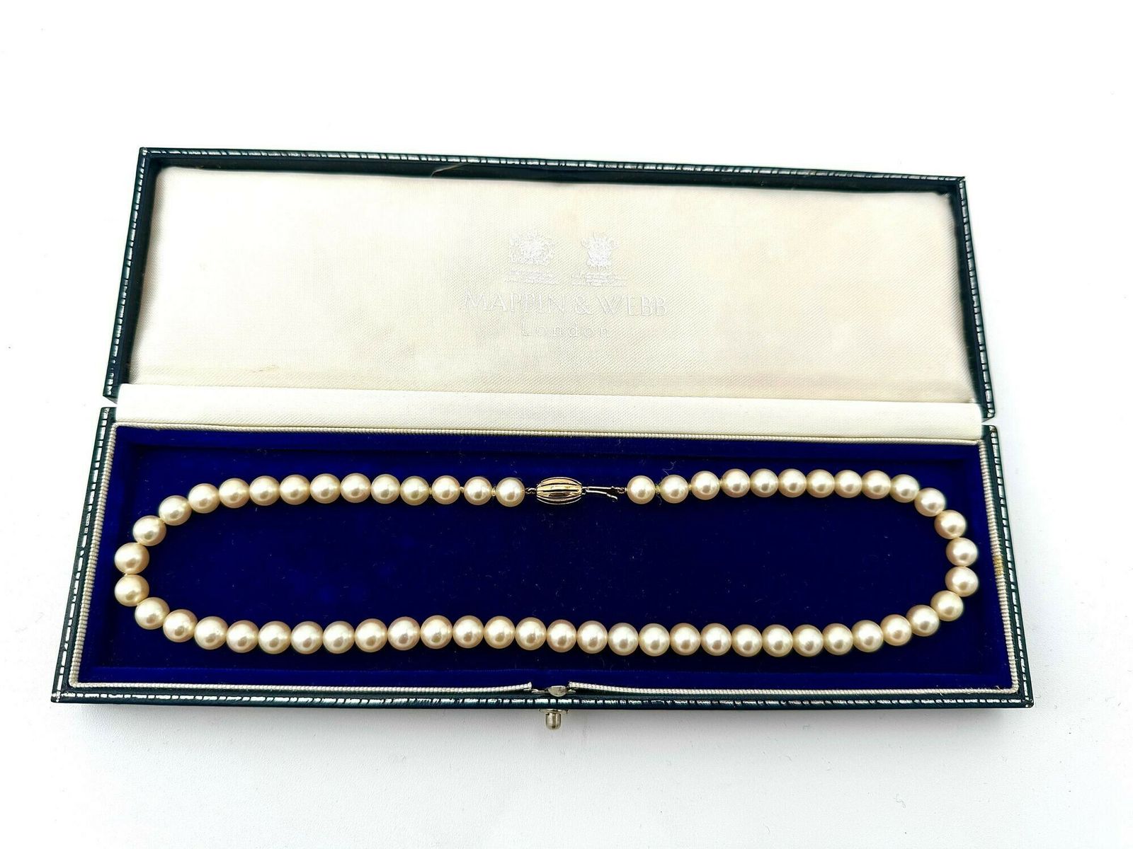 A Lovely Late 1980s Mappin And Webb Akoya Pearl Necklace With 18carat Gold Clasp In Orignal Box photo for sale