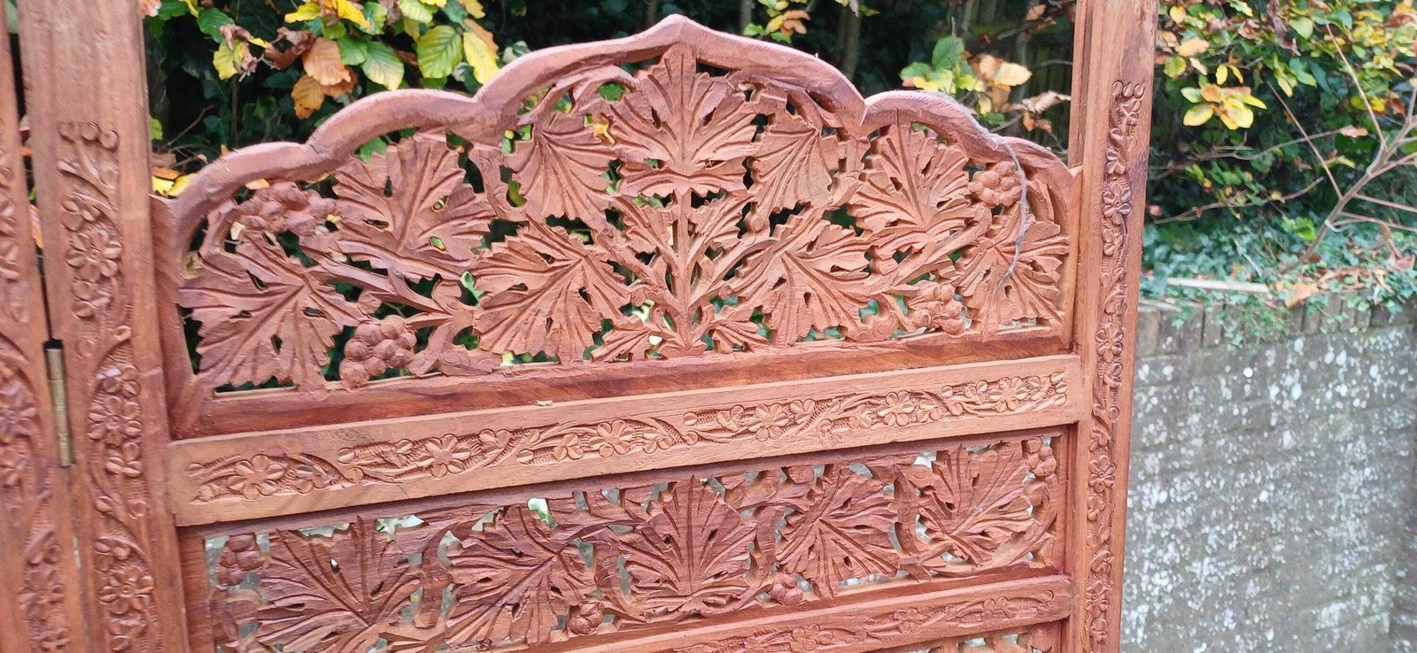 Huge Top Quality 70s/80s Carved Folding Screen Room Divide Grapevine & Middle Eastern Motif Heavy Vintage Room Divider Free Hand Delivery photo vinterior