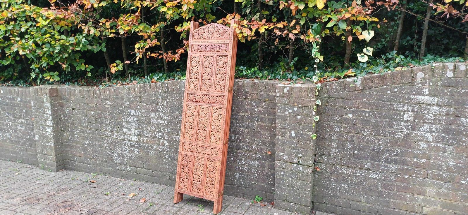 photo for sale Huge Top Quality 70s/80s Carved Folding Screen Room Divide Grapevine & Middle Eastern Motif Heavy Vintage Room Divider Free Hand Delivery