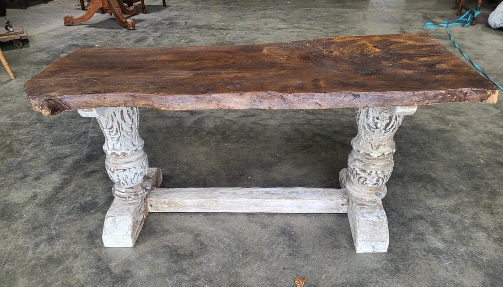 Antique Repro Natural Elm Bench Carved Painted Legs Seat photo 245.0