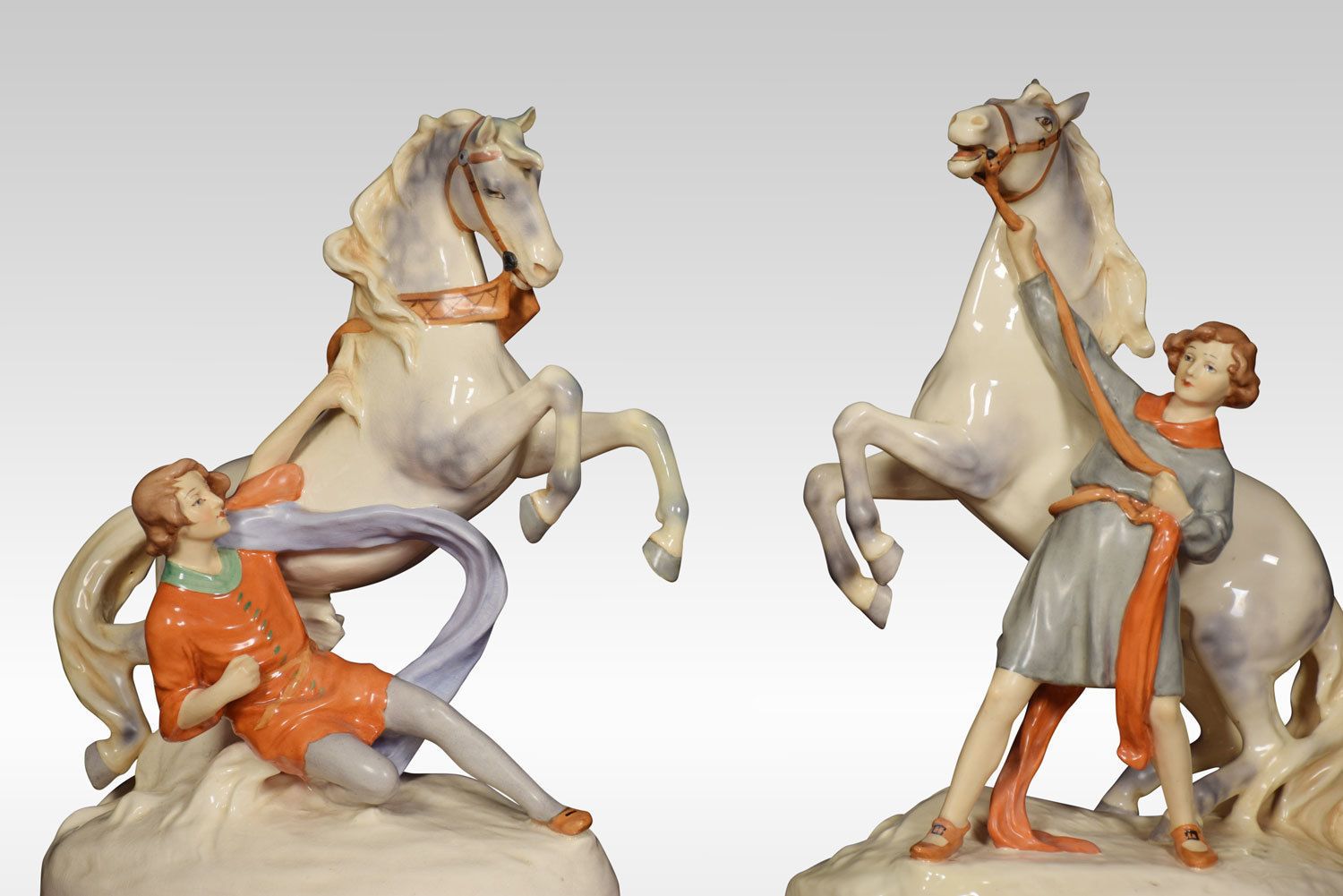 Pair Of Royal Dux Figure Groups Of Young Men With Horses photo for sale