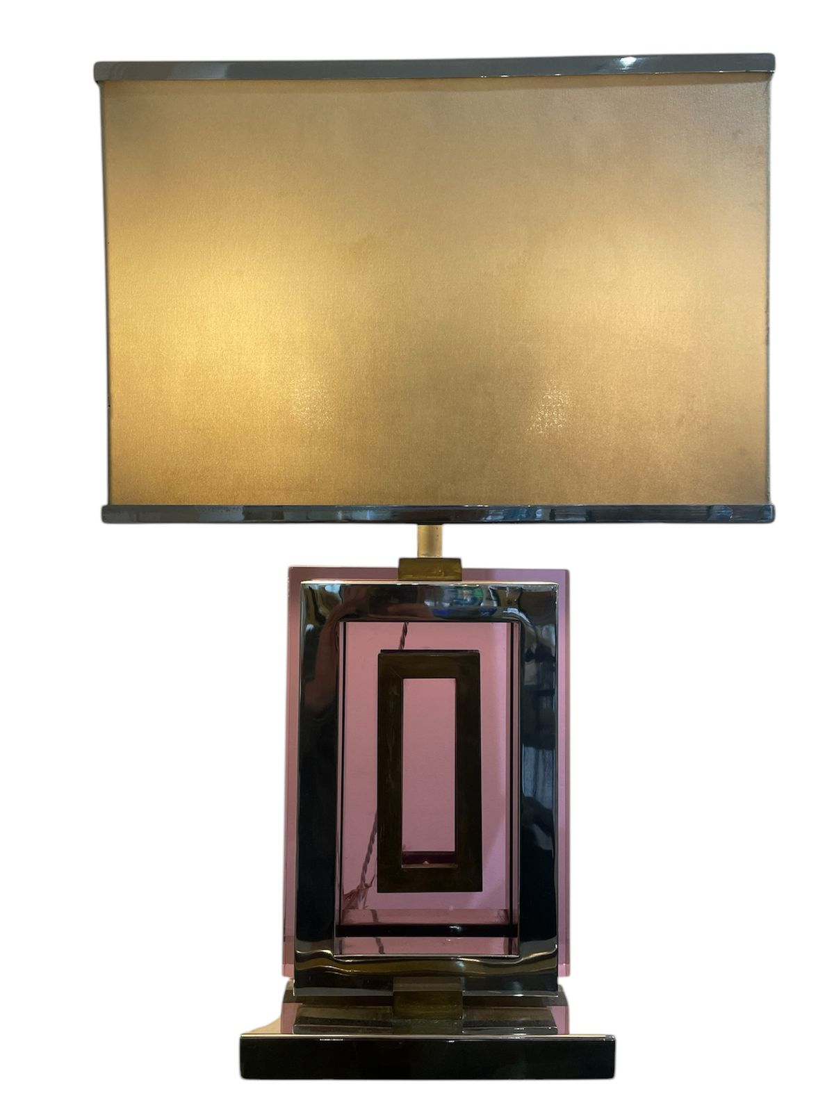 Superb Lamp, Signed By Romeo Rega, Italy C 1970. Perspex Brass And Chrome With Original Shade £1800
