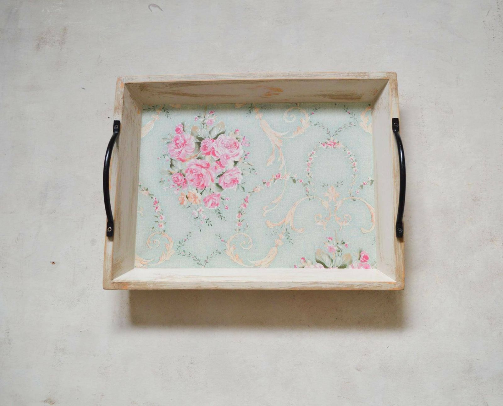 Large Serving Tray, Hand Painted Beige Tray With Black Metal Handles, Shabby Chic Pink Roses Decoupage Wooden Decorative Tray 48x37x11 Cm