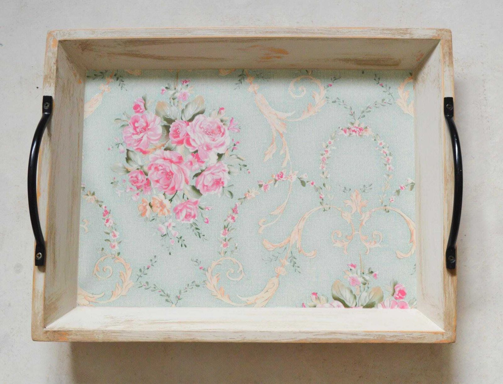 Large Serving Tray, Hand Painted Beige Tray With Black Metal Handles, Shabby Chic Pink Roses Decoupage Wooden Decorative Tray 48x37x11 Cm photo for sale