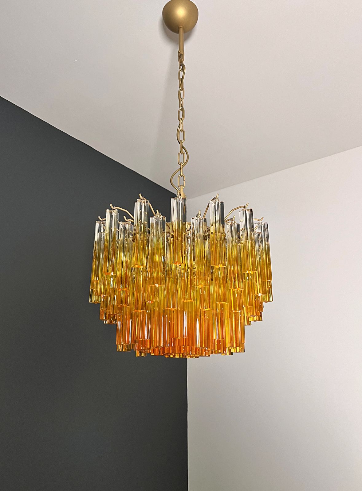 Lighting Gorgeous Vintage Chandelier – 107 Quadriedri Amber Shade   Gold Metal Frame photo