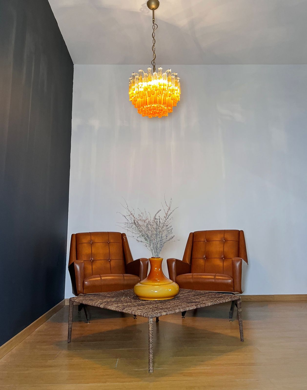 1695.0 Gorgeous Vintage Chandelier – 107 Quadriedri Amber Shade   Gold Metal Frame photo