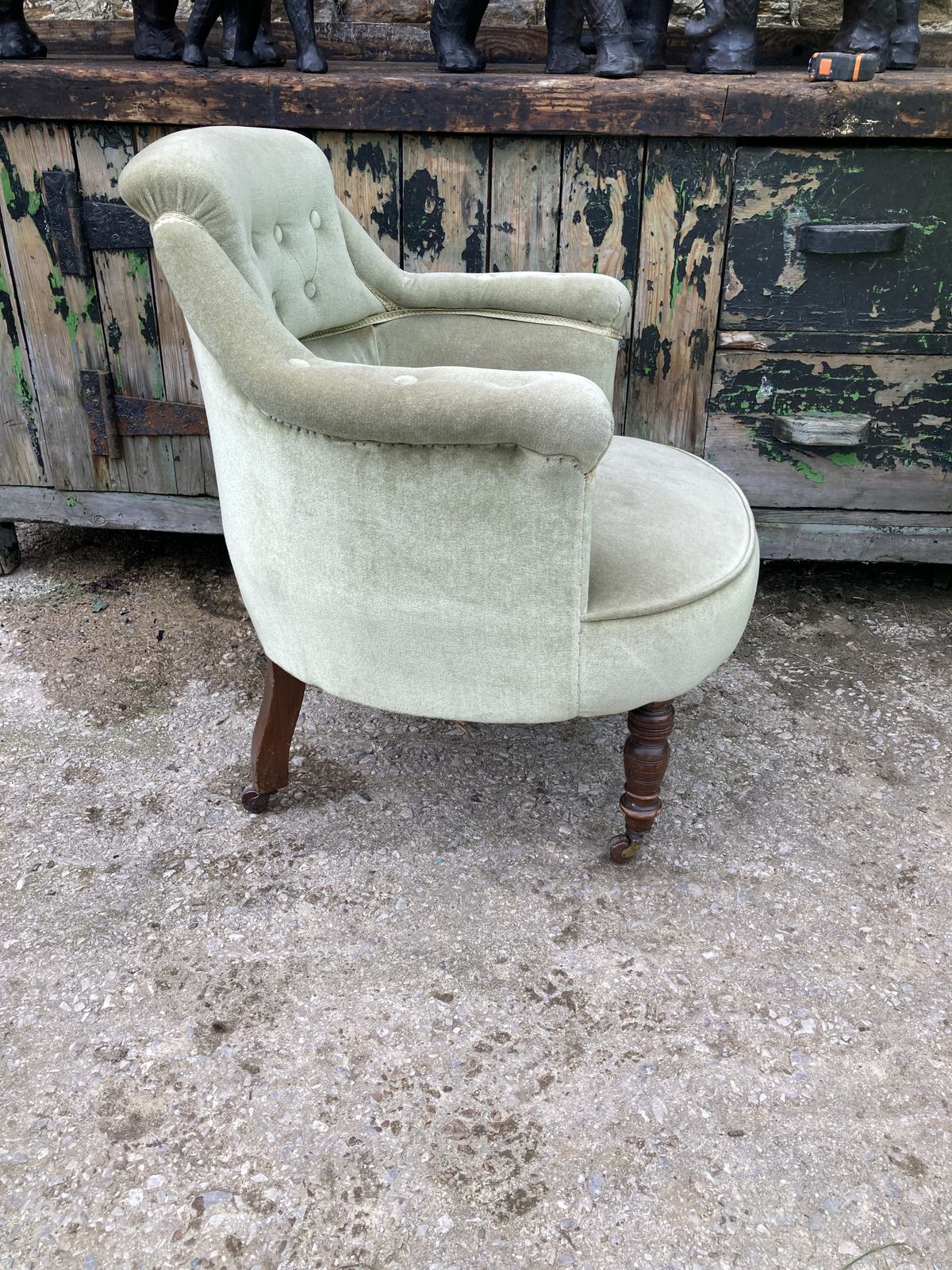 photo for sale Victorian Green Velvet, Circular Chair With Walnut Legs On 4 Castors