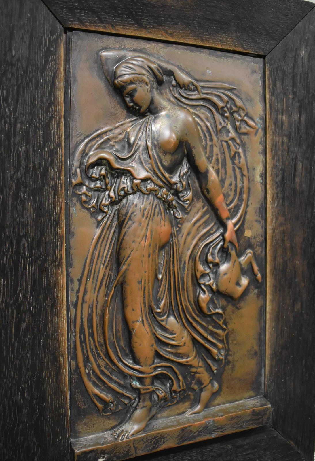 Art Nouveau Copper Repousse Panel   Arts & Crafts Bronze Figure