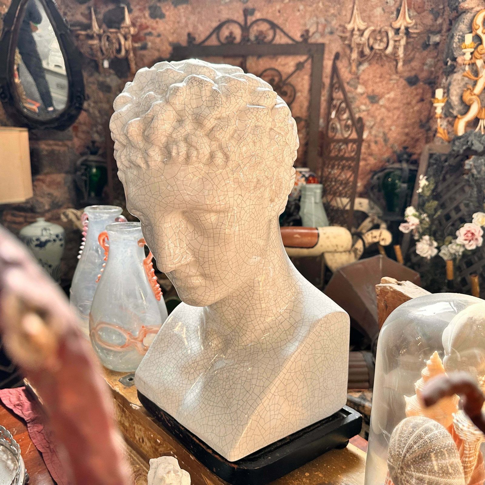 1950s Neoclassical White Crackled Ceramic Italian Bust Of Antinoo photo furniture