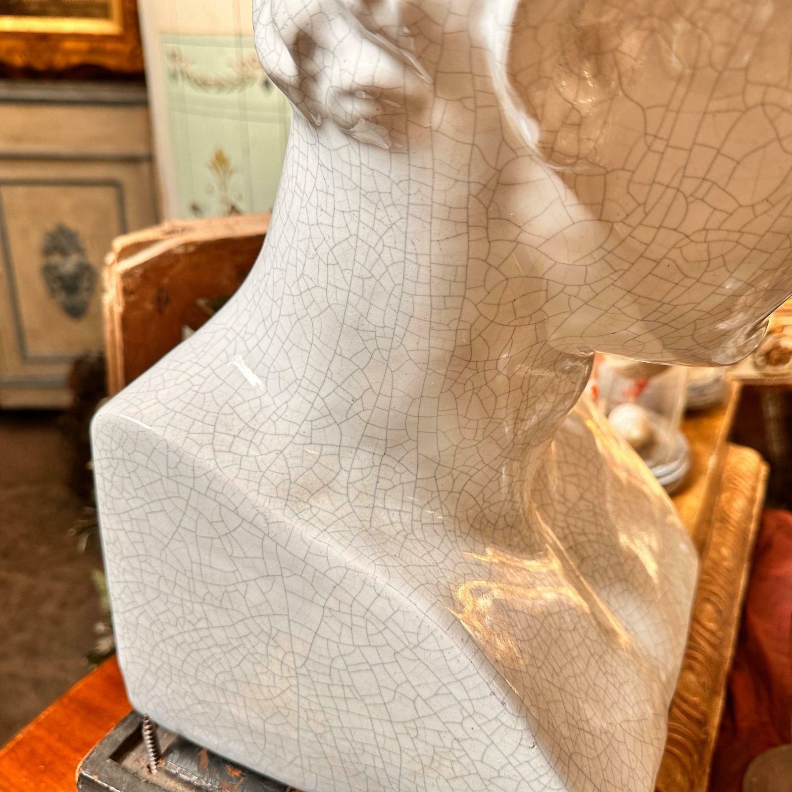 1950s Neoclassical White Crackled Ceramic Italian Bust Of Antinoo photo vinterior