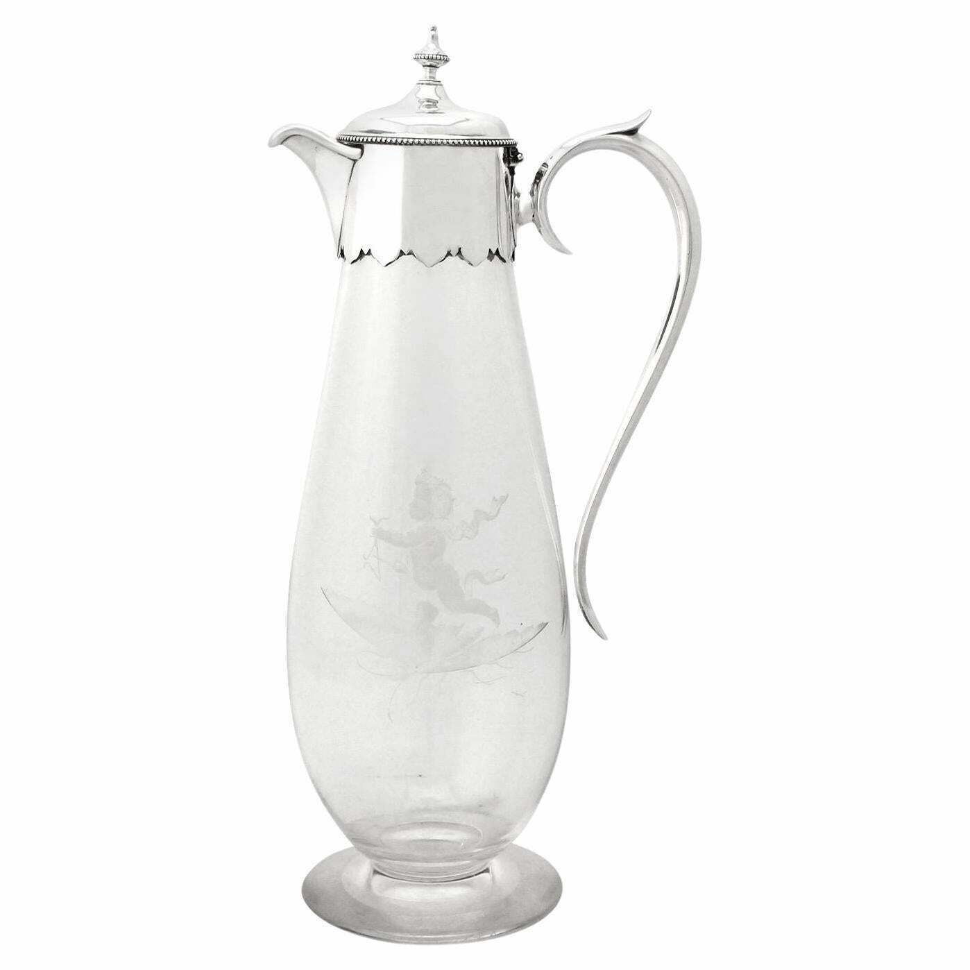 19th Century Antique Victorian Glass And Sterling Silver Mounted Claret Jug