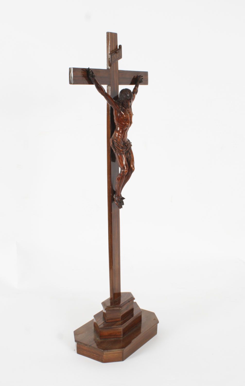 Antique 2ft French Box Wood Corpus Christi Olive Wood Cross & Base 17th C photo vinterior