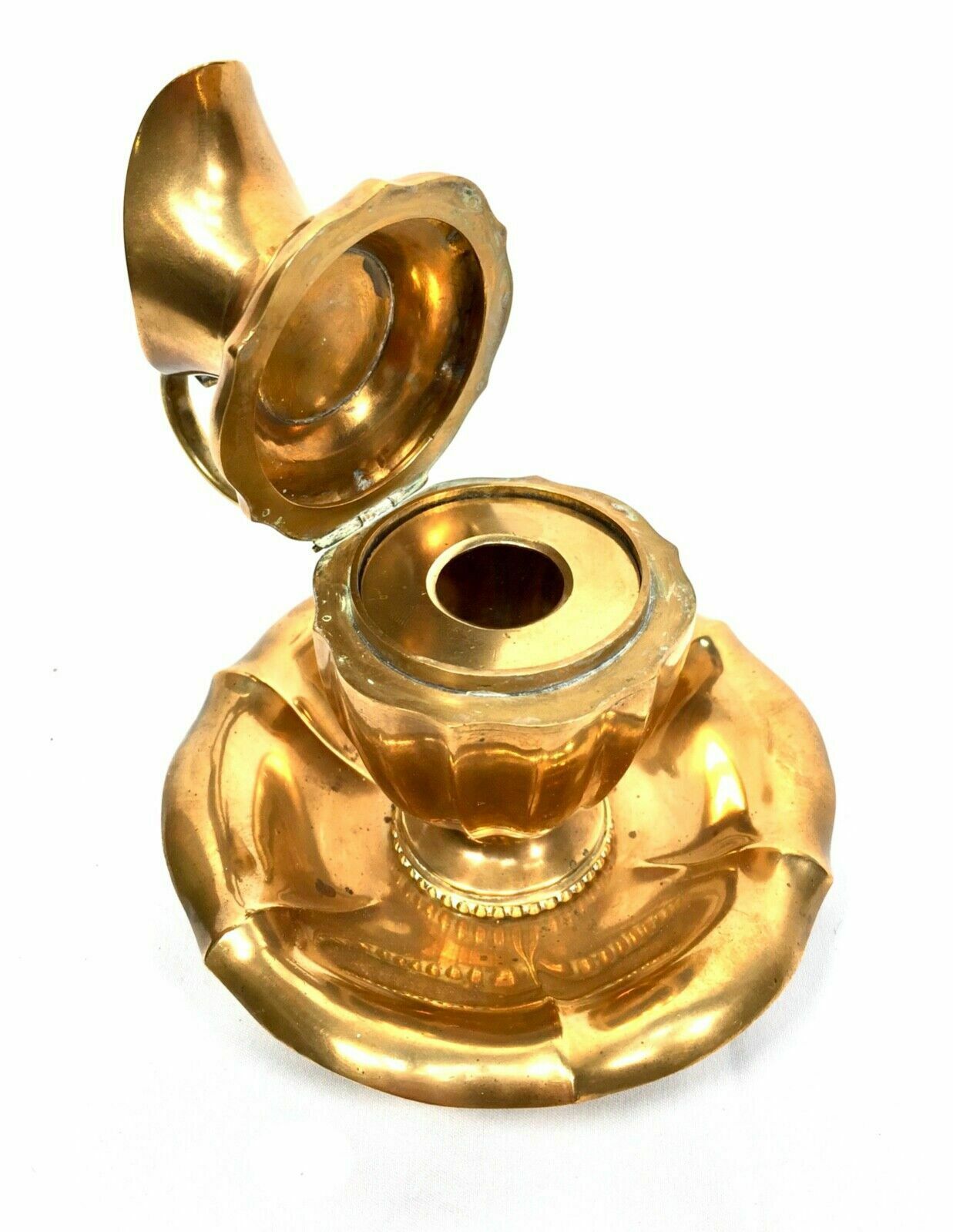 Antique Metal Brass Secret Hidden Inkwell In Chamber Stick Form / C.1900 photo Home Decor