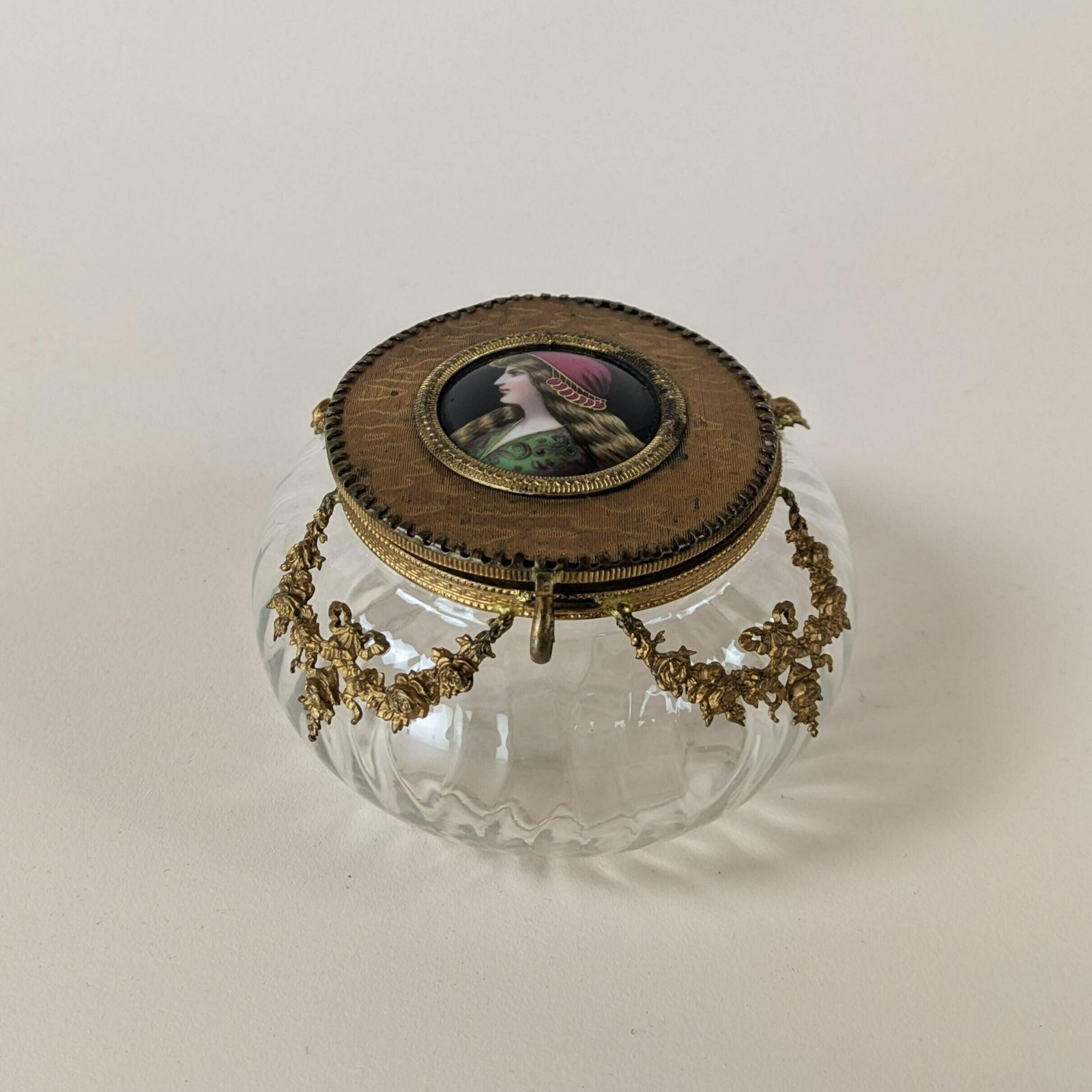 Antique French Neoclassic Gilt Bronze Glass And Painted Porcelain Portrait Powder Box With Mirror, 19th Century Trinket Container