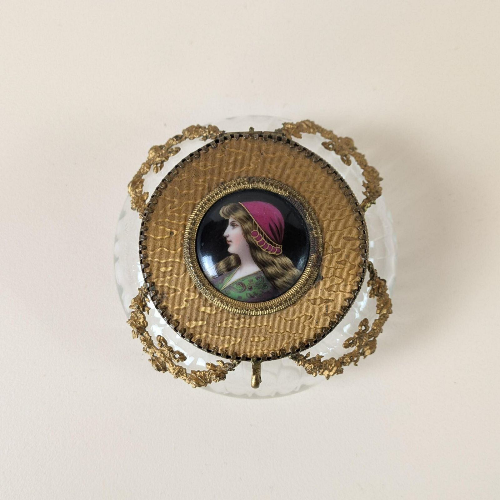 Antique French Neoclassic Gilt Bronze Glass And Painted Porcelain Portrait Powder Box With Mirror, 19th Century Trinket Container photo furniture