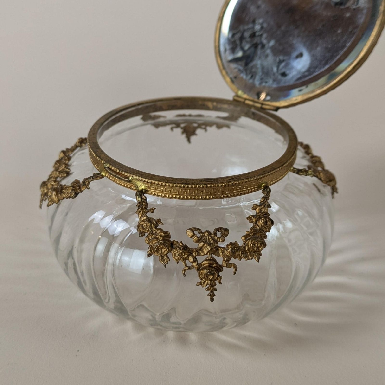 Antique French Neoclassic Gilt Bronze Glass And Painted Porcelain Portrait Powder Box With Mirror, 19th Century Trinket Container photo vinterior