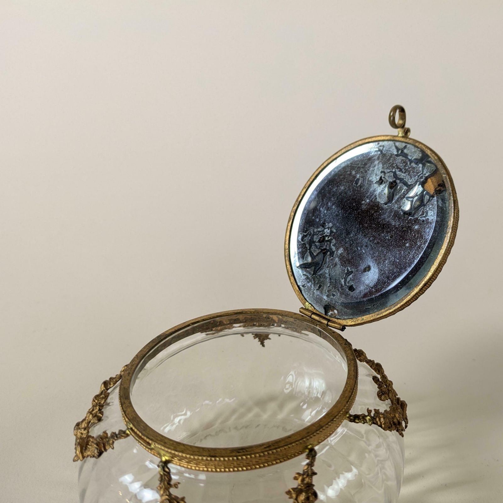 Antique French Neoclassic Gilt Bronze Glass And Painted Porcelain Portrait Powder Box With Mirror, 19th Century Trinket Container photo buy