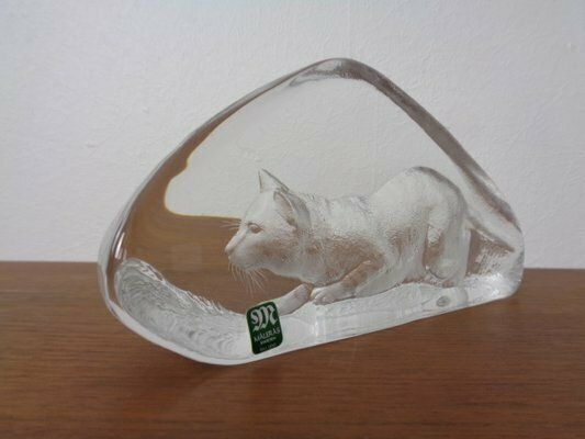 Large Crystal Glass Cat Sculpture By Mats Jonasson For Maler As, Sweden, 1980s