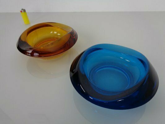 Amber & Blue Sklo Union Glass Ashtrays By Rudolf Jurnikl, Czechoslovakia, 1960s, Set Of 2 photo vintage
