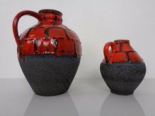 Red & Black Lava Ceramic Vases By Heinz Siery For Carstens, 1960s, Set Of 2 photo for sale