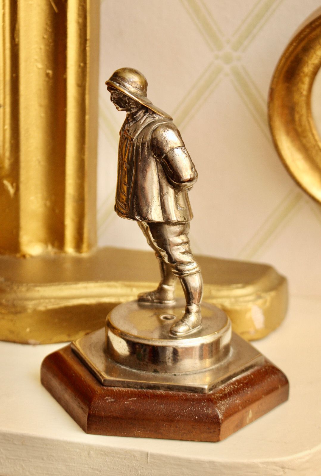 A Nickel/Chrome Plated Brass Fisherman Car Bonnet Mascot, Mounted As Paperweight photo for sale