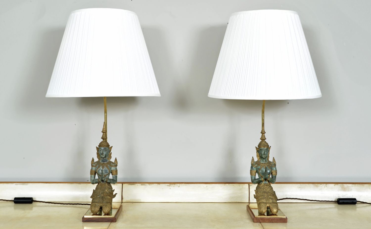 Pair 1960s Bronze Brass Gilt Thai Teppanom Buddha Table Lamps James Mont Style Belgium photo for sale