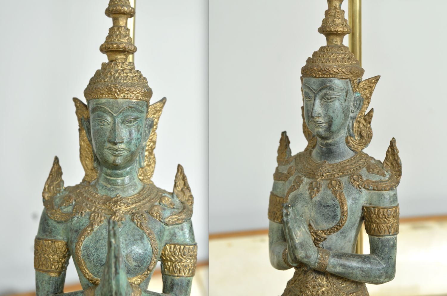 Lighting Pair 1960s Bronze Brass Gilt Thai Teppanom Buddha Table Lamps James Mont Style Belgium photo