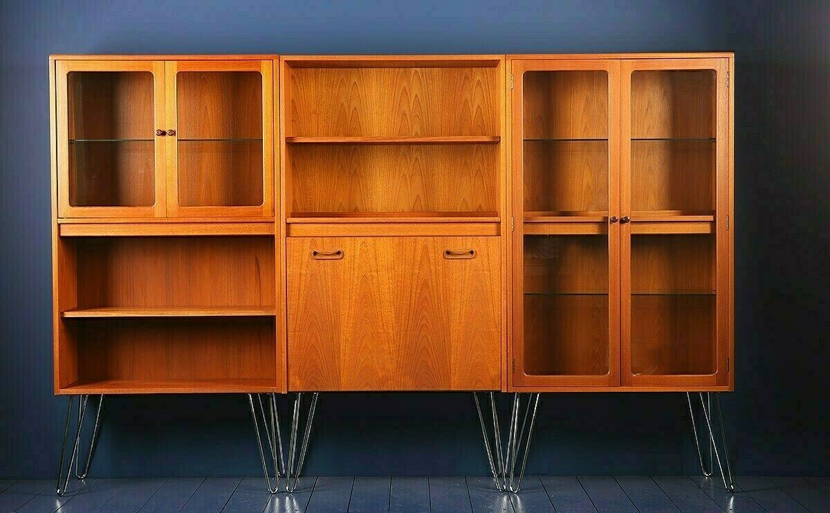 G Plan Fresco Tall Wall Unit Drinks Glass Display Cabinet On Hairpin Legs 1970s