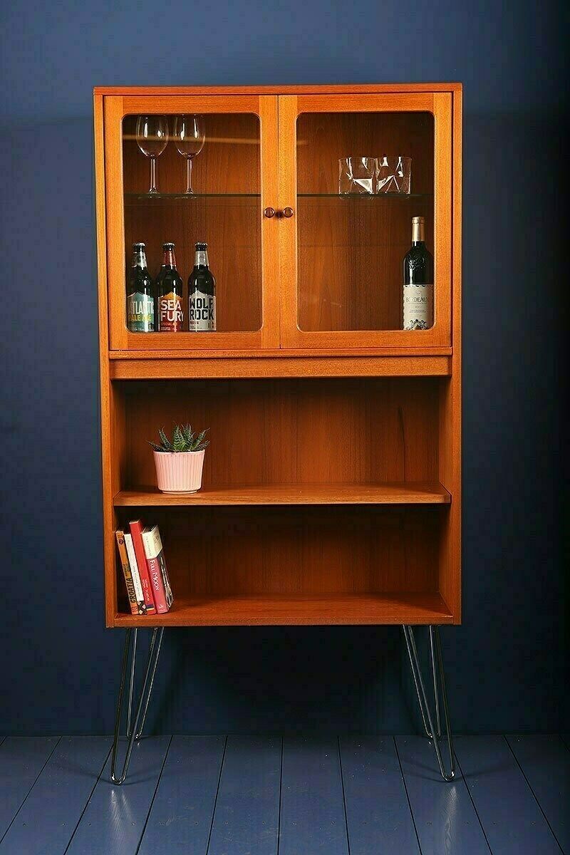 G Plan Fresco Tall Wall Unit Drinks Glass Display Cabinet On Hairpin Legs 1970s photo furniture
