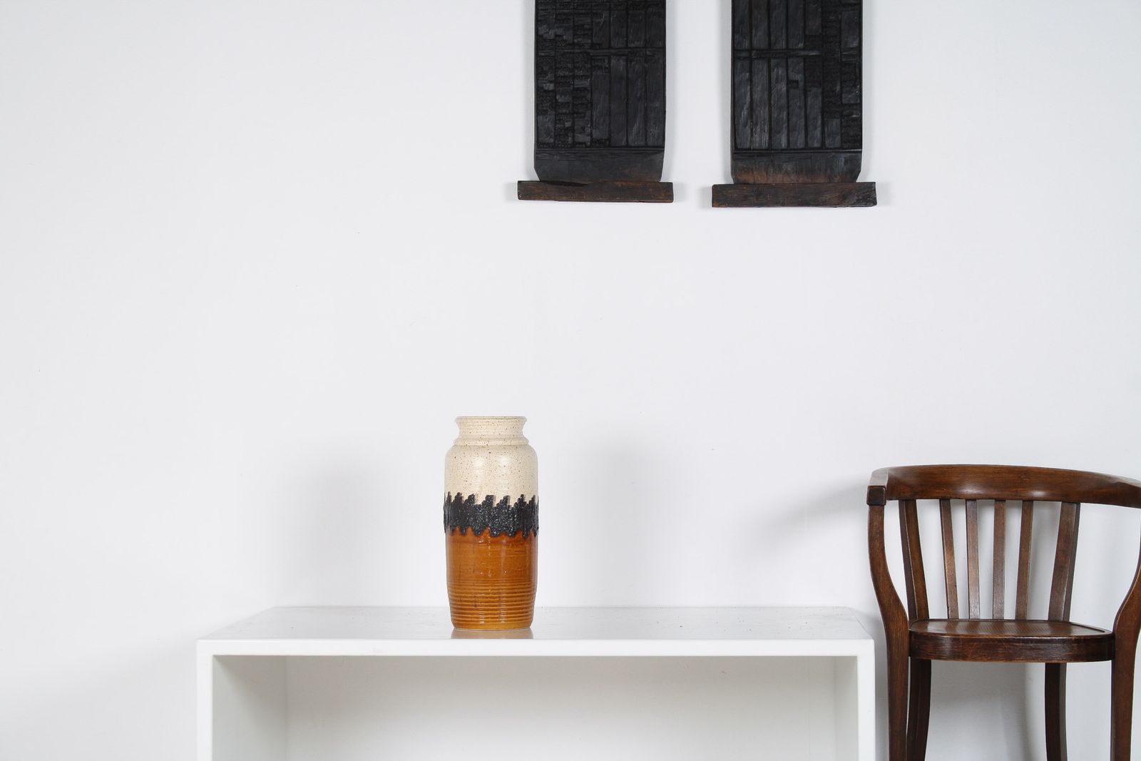 A Large Vibrant West German Pottery Fat Lava Vase In Orange, Black And Cream By Bay photo furniture